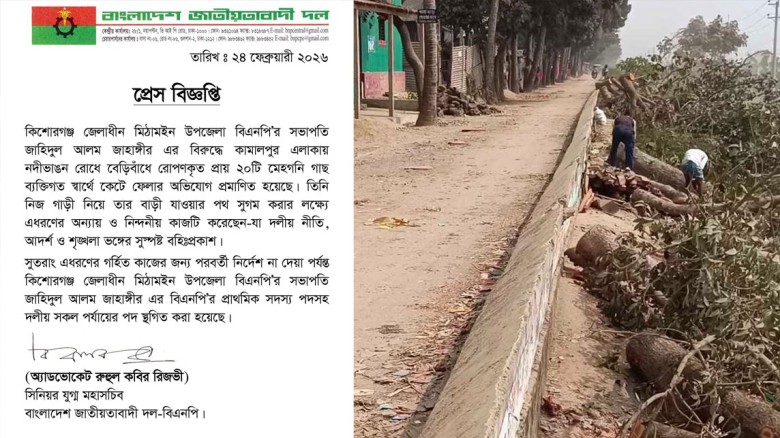 বেড়িবাঁধের গাছ কেটে বহিষ্কৃত মিঠামইন বিএনপি সভাপতি জাহিদুল আলম